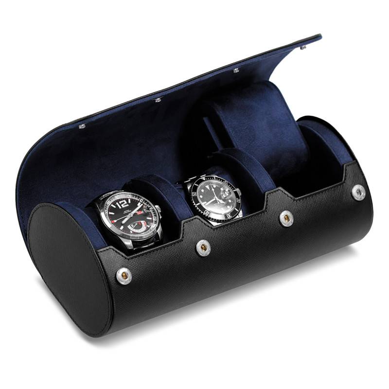 Black Leather 3-Watch Roll with Blue, Green, or Orange Lining - Bouveret