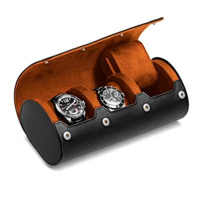 Black Leather 3-Watch Roll with Blue, Green, or Orange Lining - Bouveret