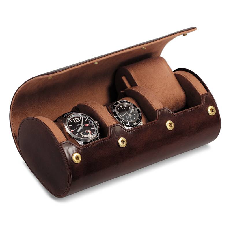 Brown Leather 3-Watch Roll - Bouveret