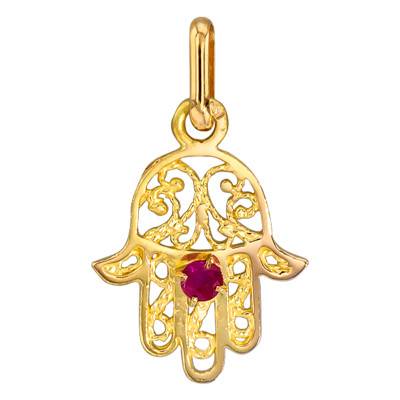 Yellow Gold 375/1000 Hand of Fatma Pendant & Ruby - Lucas Lucor