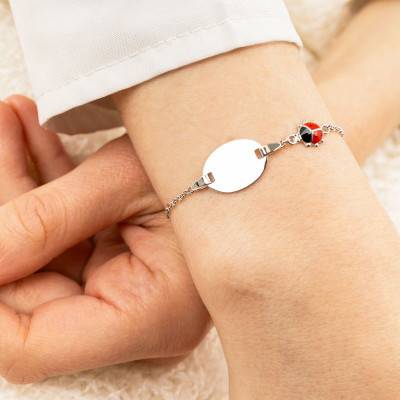 925 Sterling Silver Oval Baby ID Bracelet with Ladybug, Length 13 cm to 15 cm, Width 2 mm - Bambins