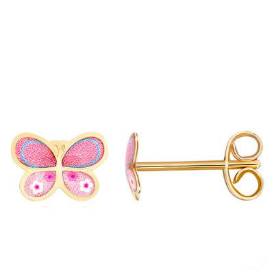 Boucles d'oreilles Papillon Rose, Or Jaune 375 ou 750 - Bambins