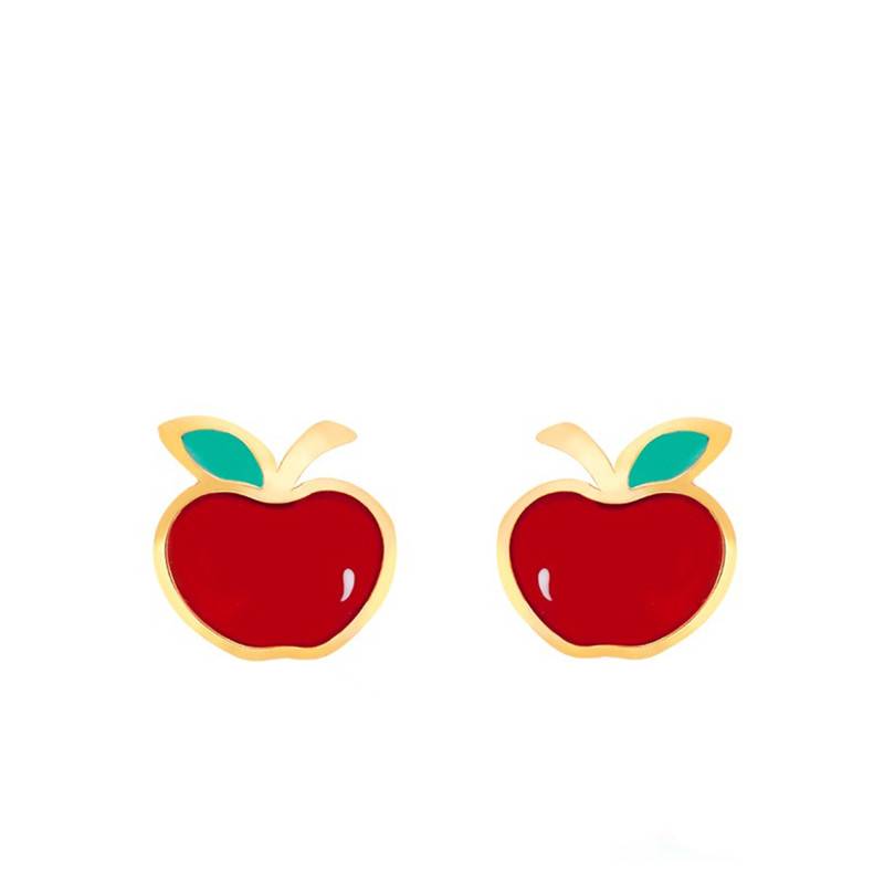 Yellow Gold Enamel Apple Stud Earrings - Bambins
