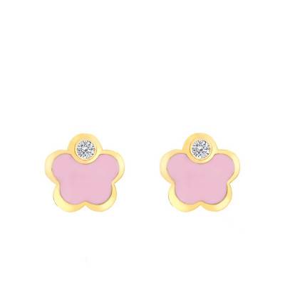Pink Enamel & Zirconia Flower Stud Earrings in Yellow Gold - Bambins