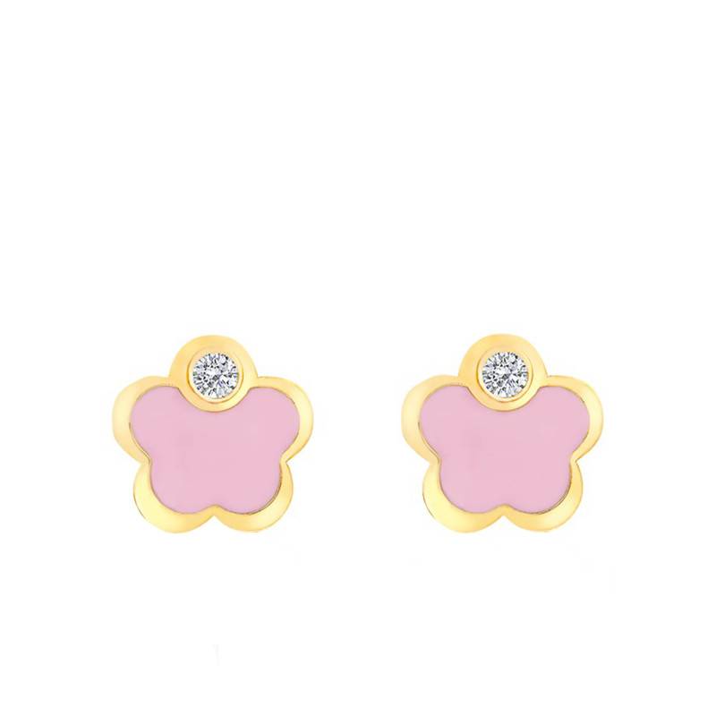 Pink Enamel & Zirconia Flower Stud Earrings in Yellow Gold - Bambins