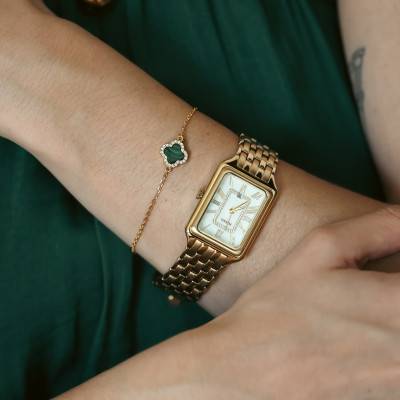 Gold-Plated 925 Silver, White Cubic Zirconia & Malachite Clover Bracelet 15 x 15 mm, Length 18 cm to 20 cm - Aurora