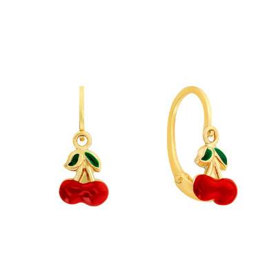 Cherry Enamel & 375 Yellow Gold Leverback Earrings - Bambins