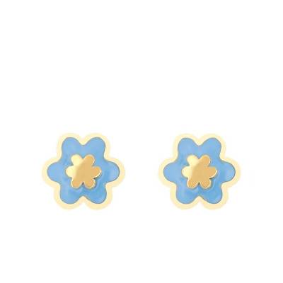 Yellow Gold & Blue Enamel Flower Stud Earrings - Bambins