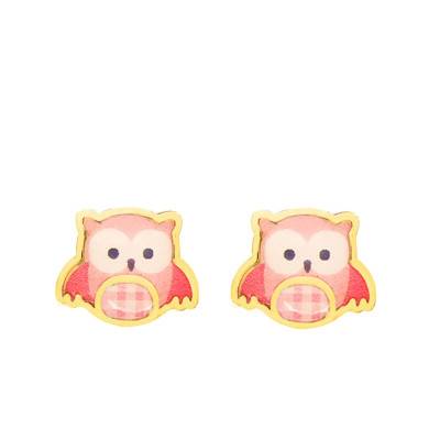 Yellow Gold Pink Owl Stud Earrings - Bambins
