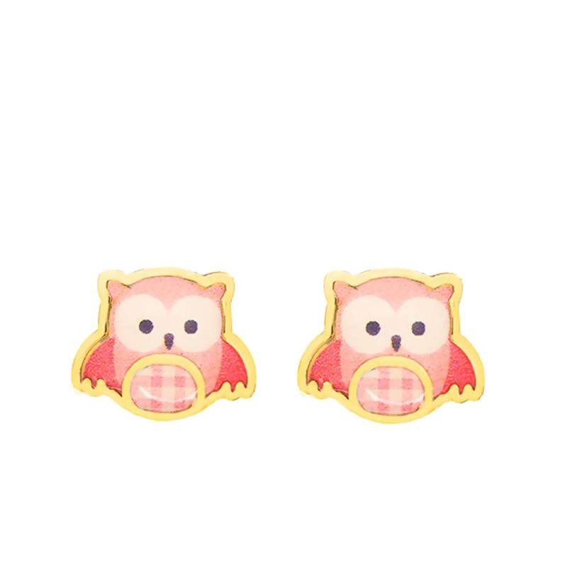 Yellow Gold Pink Owl Stud Earrings - Bambins