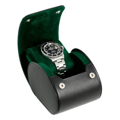 Black Leather 1-Watch Roll, Blue, Green or Orange Lining - Bouveret