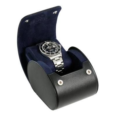 Black Leather 1-Watch Roll, Blue, Green or Orange Lining - Bouveret