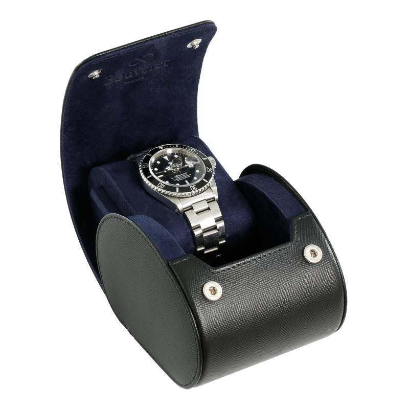 Black Leather 1-Watch Roll, Blue, Green or Orange Lining - Bouveret