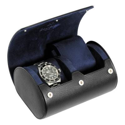 Black Leather 2-Watch Roll - Bouveret