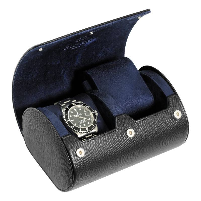 Black Leather 2-Watch Roll - Bouveret