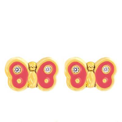 Yellow Gold, Zirconia & Pink Enamel Butterfly Stud Earrings - Bambins