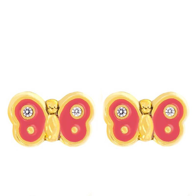 Yellow Gold, Zirconia & Pink Enamel Butterfly Stud Earrings - Bambins