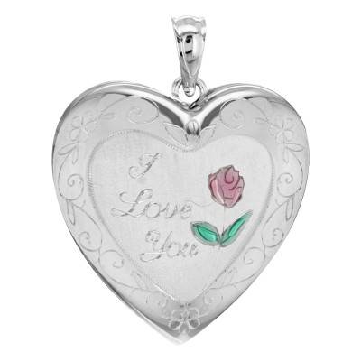 925 Silver Heart Photo Locket Pendant "I Love You" and Red Rose - Artemis