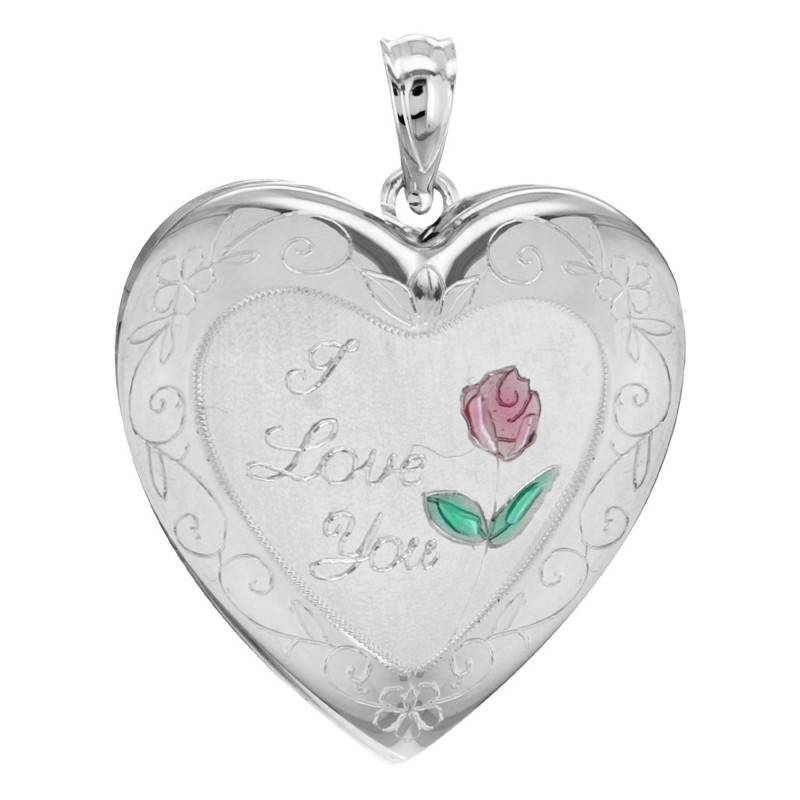 925 Silver Heart Photo Locket Pendant "I Love You" and Red Rose - Artemis