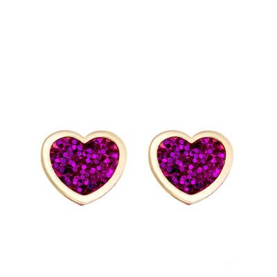 Violet Glitter Heart Stud Earrings in 375 Yellow Gold - Bambins