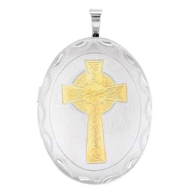 Pendentif Porte Photo Ovale Croix Celtique en Argent 925 Bicolore - Artemis