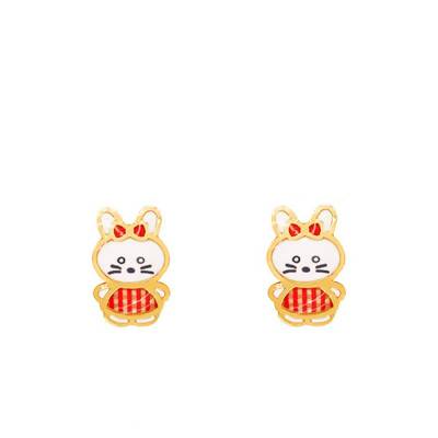 Yellow Gold Red Vichy Bunny Stud Earrings - Bambins