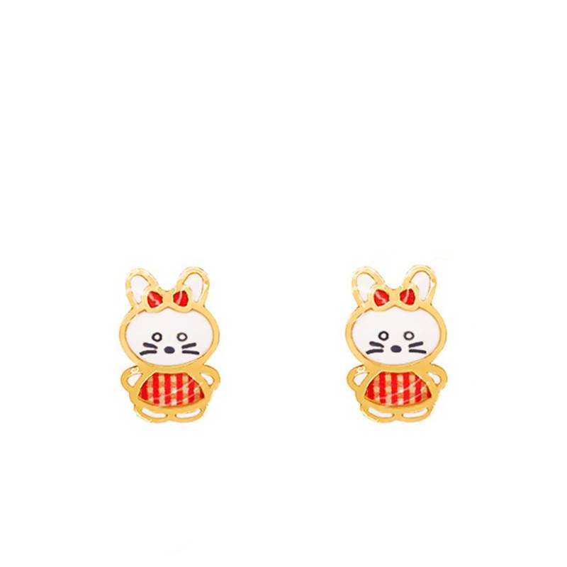 Yellow Gold Red Vichy Bunny Stud Earrings - Bambins