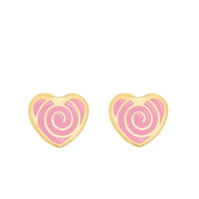 Pink Enamel Spiral Heart Drop Earrings in Yellow Gold - Bambins