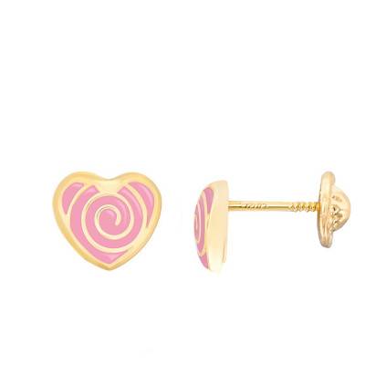 Boucles d'oreilles cœur spirale email rose & or jaune - Bambins