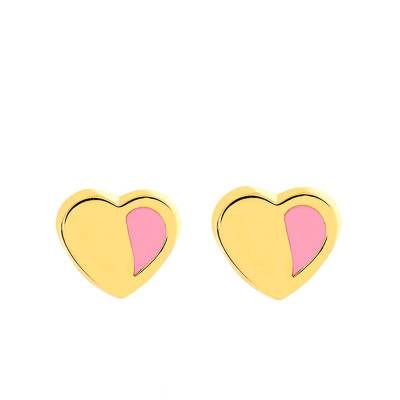 Pink Heart Stud Earrings in Yellow Gold & Enamel - Bambins