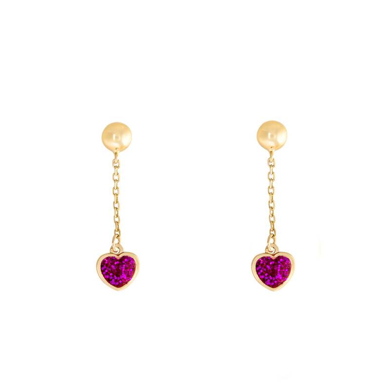 Glitter Heart Drop Earrings in 375 Yellow Gold - Bambins