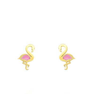 750/1000 Yellow Gold & Enamel Flamingo Stud Earrings - Bambins