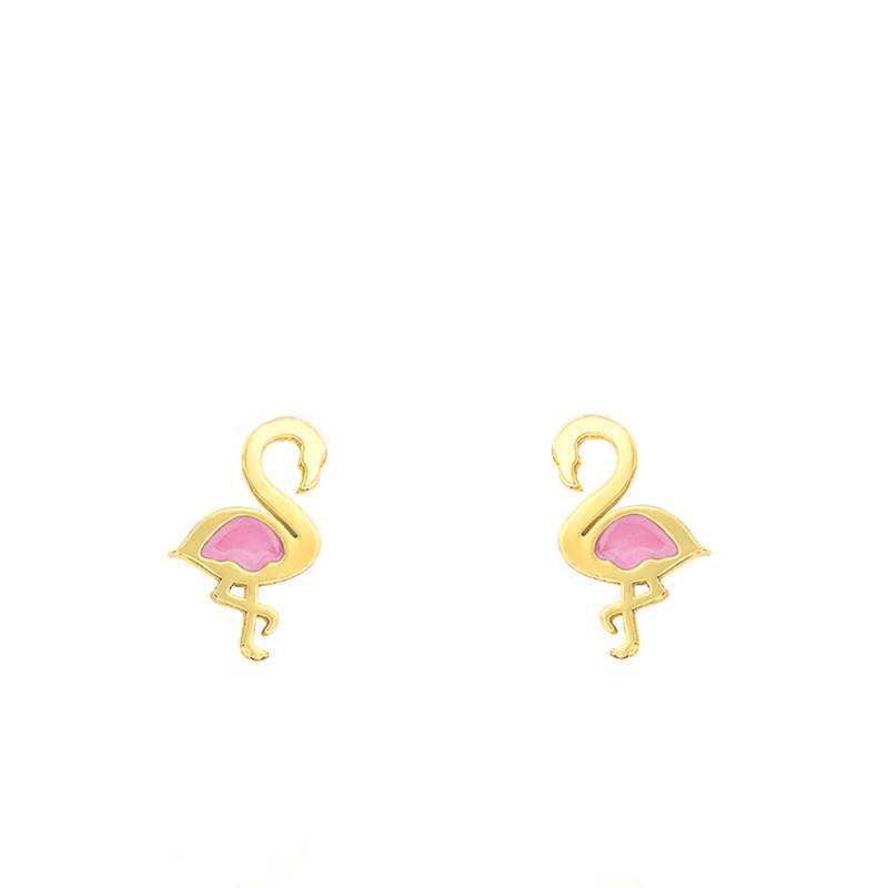750/1000 Yellow Gold & Enamel Flamingo Stud Earrings - Bambins