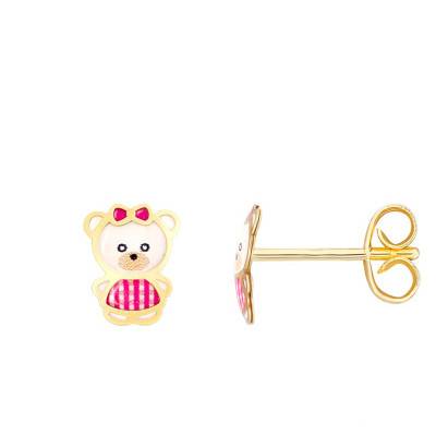 750/1000 Yellow Gold & Glazed Enamel Bear Stud Earrings - Bambins