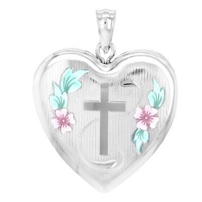 Pendentif Porte Photo Coeur Fleurs & Croix en Argent 925 - Artemis