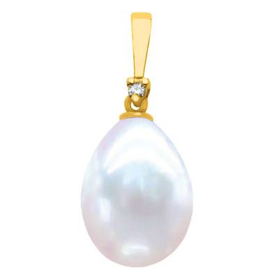 Pendentif Perle d'Eau Douce Poire 9/10 mm, Or Jaune 750 & Diamant 0,01 ct - Négoce-îles