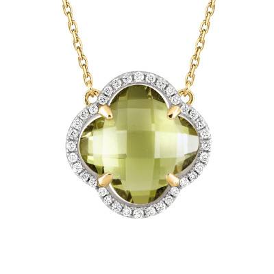 750/1000 Yellow Gold, Diamond & Olive Quartz Victoria Necklace with Adjustable 42 cm Cable Chain - Morganne Bello