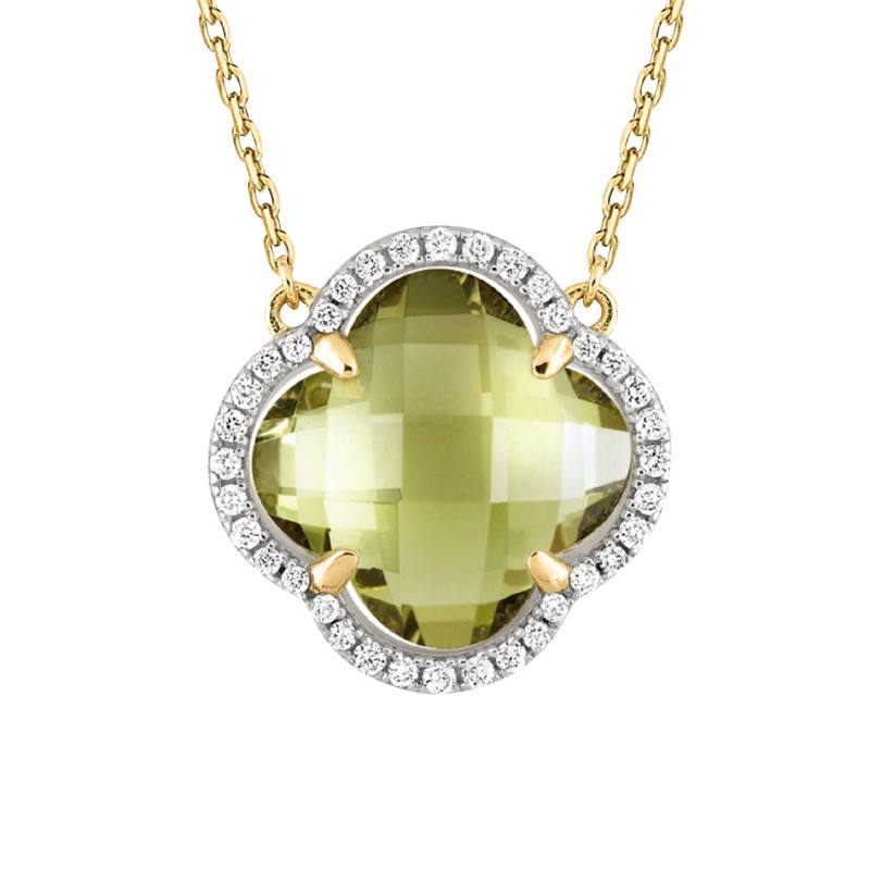 750/1000 Yellow Gold, Diamond & Olive Quartz Victoria Necklace with Adjustable 42 cm Cable Chain - Morganne Bello