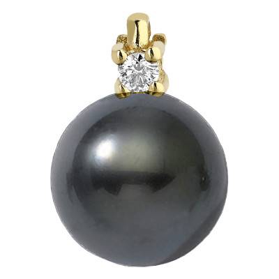 750/1000 Yellow Gold Round Tahitian Pearl & Diamond 0.07 ct Pendant 10/11 mm - Négoce-îles