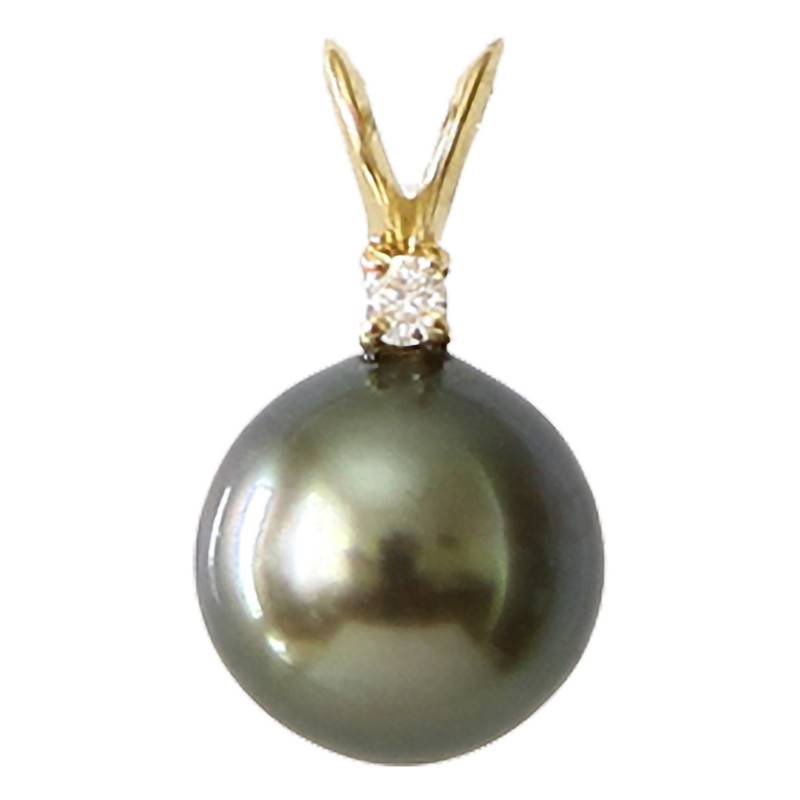 750 Yellow Gold & Round Tahitian Pearl 8/9 mm and 0.03 ct Diamond Pendant - Négoce-îles