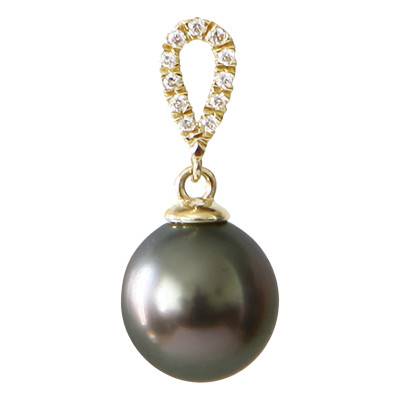 750/1000 Yellow Gold & Round Tahitian Pearl 10/11 mm and 0.055 ct Diamonds Pendant - Négoce-îles
