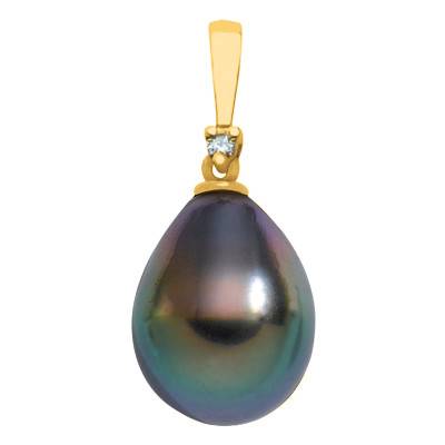 Pendentif Perle de Tahiti Poire 9/10 mm & Diamant 0,01 ct en Or Jaune 750 - Négoce-îles