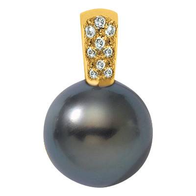 750/1000 Yellow Gold & Round 10/11 mm Tahitian Pearl and Diamond Pendant - Négoce-îles