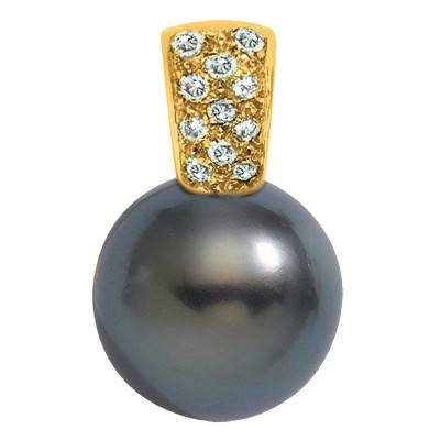 750/1000 Yellow Gold & Round 10/11 mm Tahitian Pearl and Diamond Pendant - Négoce-îles