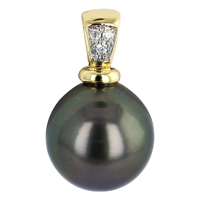 750 Gold & Round Tahitian Pearl 9/10 mm and 0.025 ct Diamond Pendant - Négoce-îles