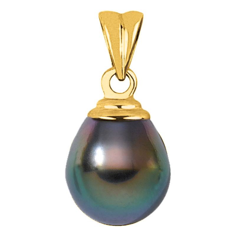 750/1000 Yellow Gold & Tahitian Pearl Pear 10/11 mm Grooved Pendant - Négoce-îles