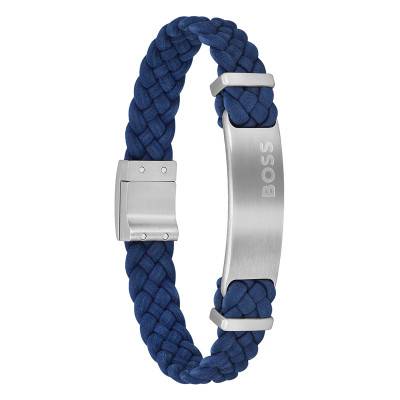 Dylan Blue Leather and Steel Bracelet, Length 17 cm - 1580609S - Boss