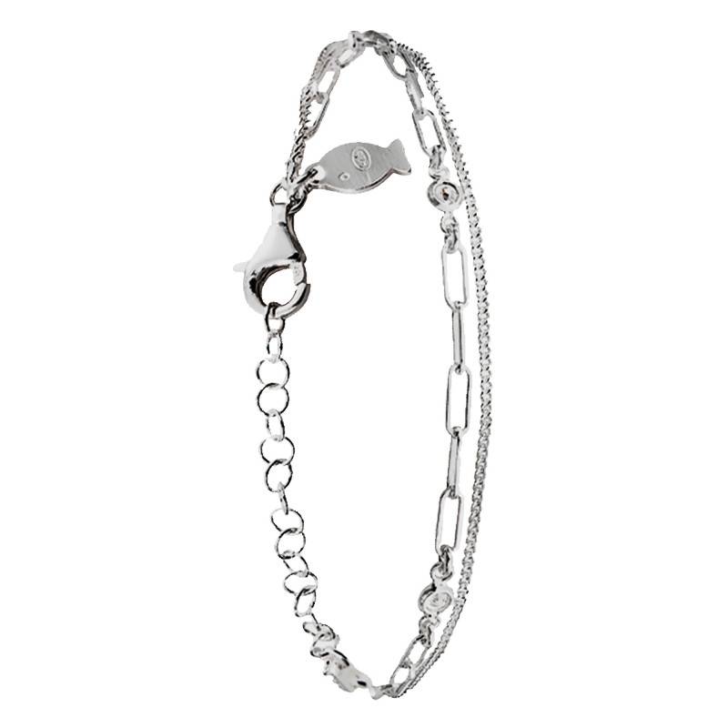 925 Silver & Cubic Zirconia Double Chain Bracelet, Length 15 cm to 19 cm, Width 1.30 mm - Clio Blue