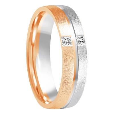 Alliance Demi-Bombée Confort Sablée Rainurée en 2 Ors Rose et Gris 750 & Diamants 0,03 ct, Largeur 5 mm - Amore