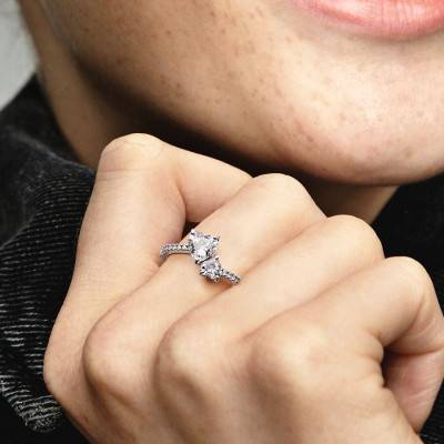925 Silver Sparkling Double Hearts Ring - Pandora